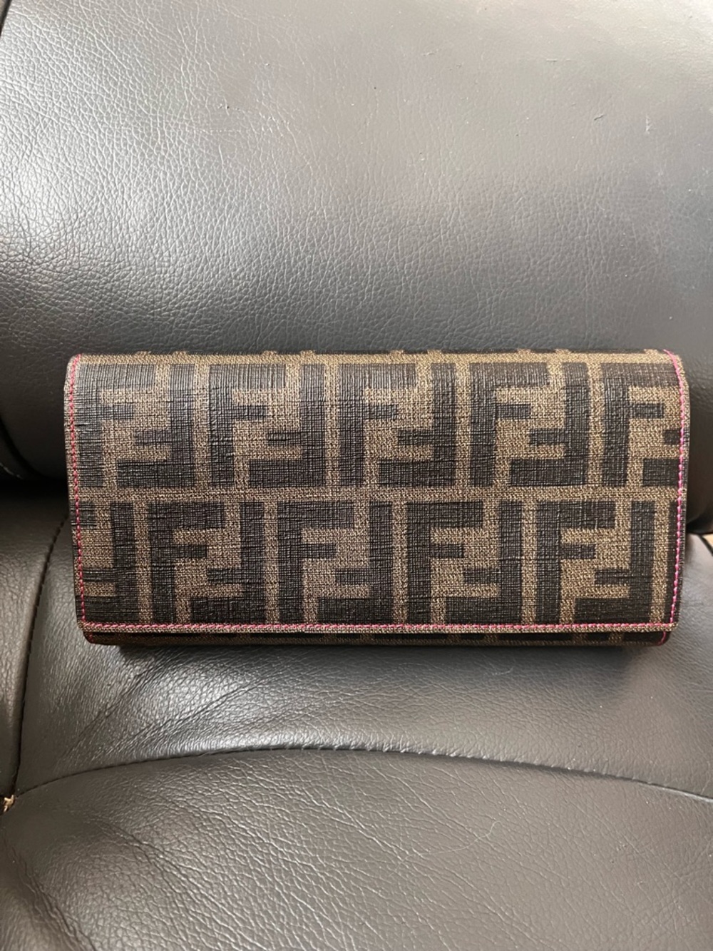 Fendi Brown Zucca Canvas Wallet with Pink Trim - COA & Dusty